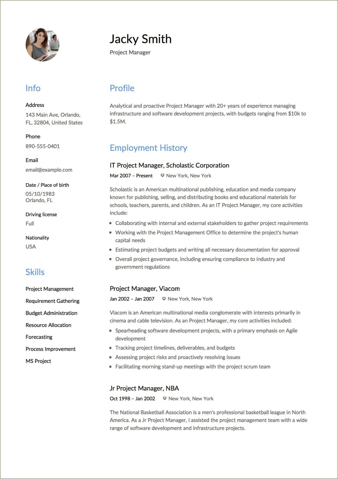 Free Examples Of Project Management Resumes