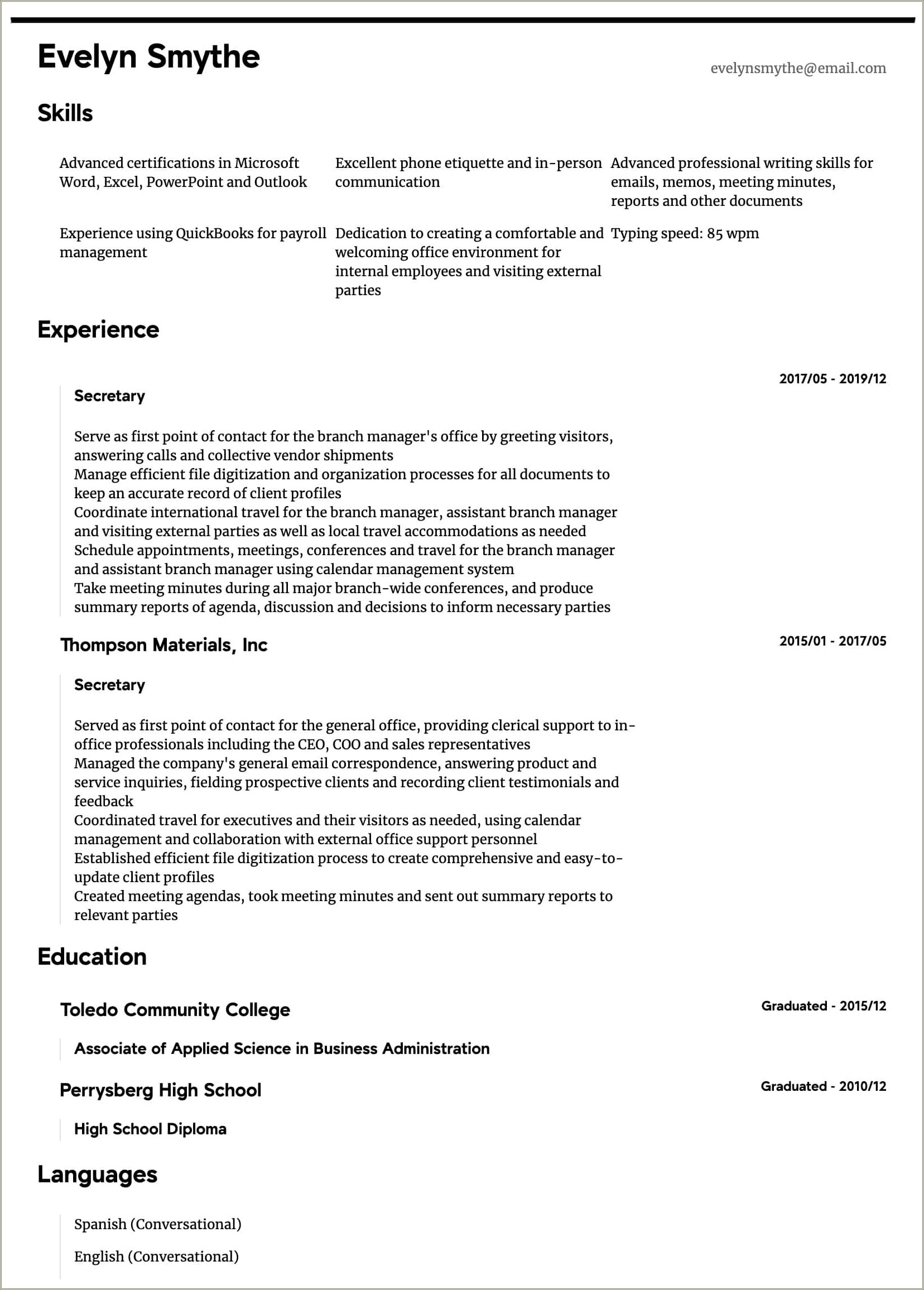 Free Examples Of Resumes For Secretaries