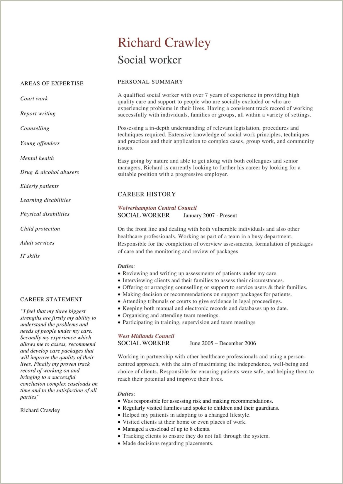 Free Examples Of Social Work Resumes