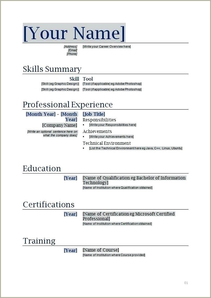 Free Format For Resume To Print