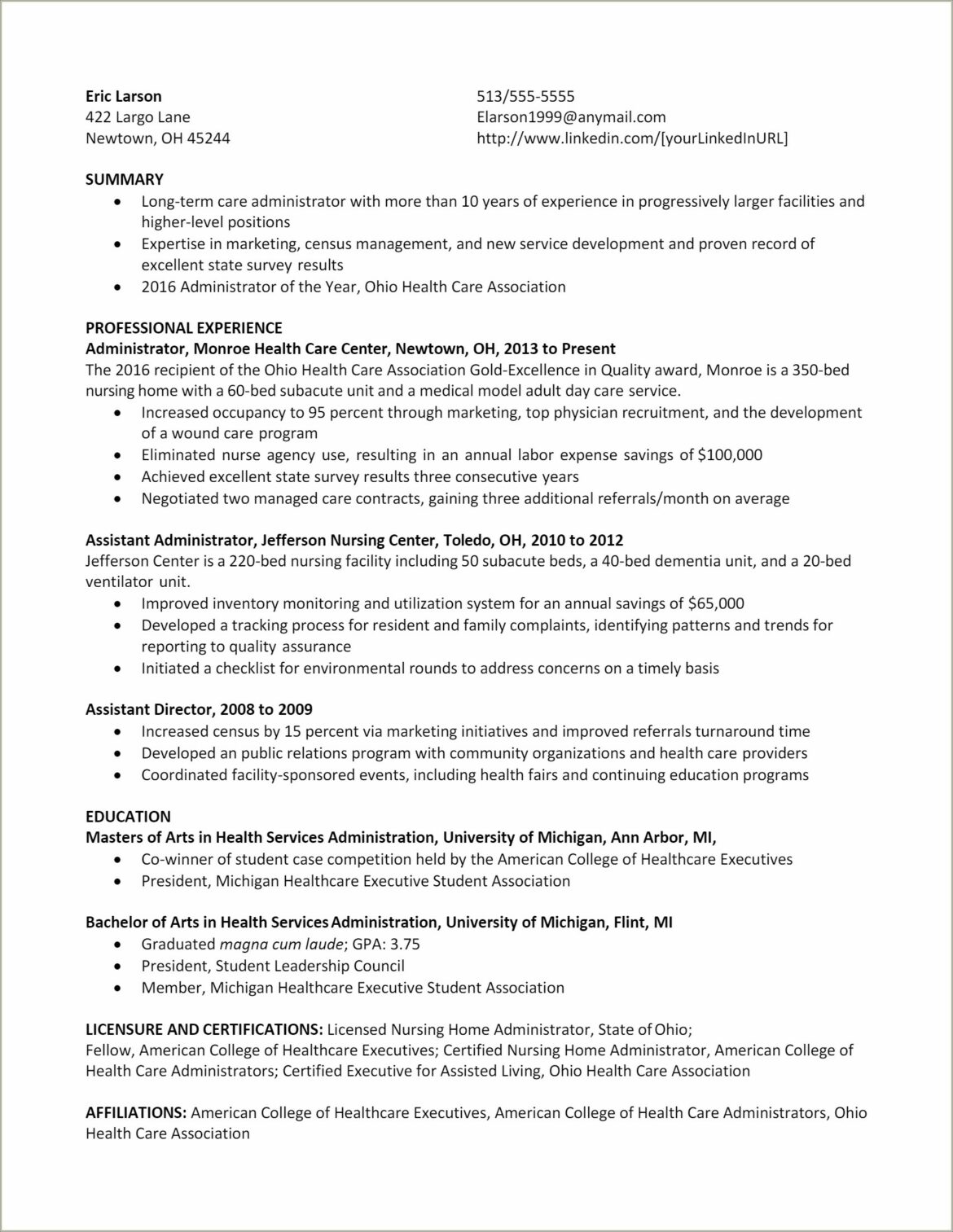 Free Health Care Administration Resume Samples