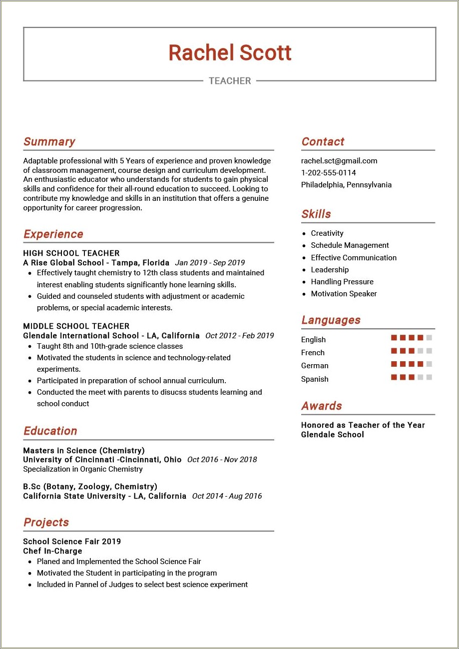 Free High School Chemistry Teacher Resume Sample