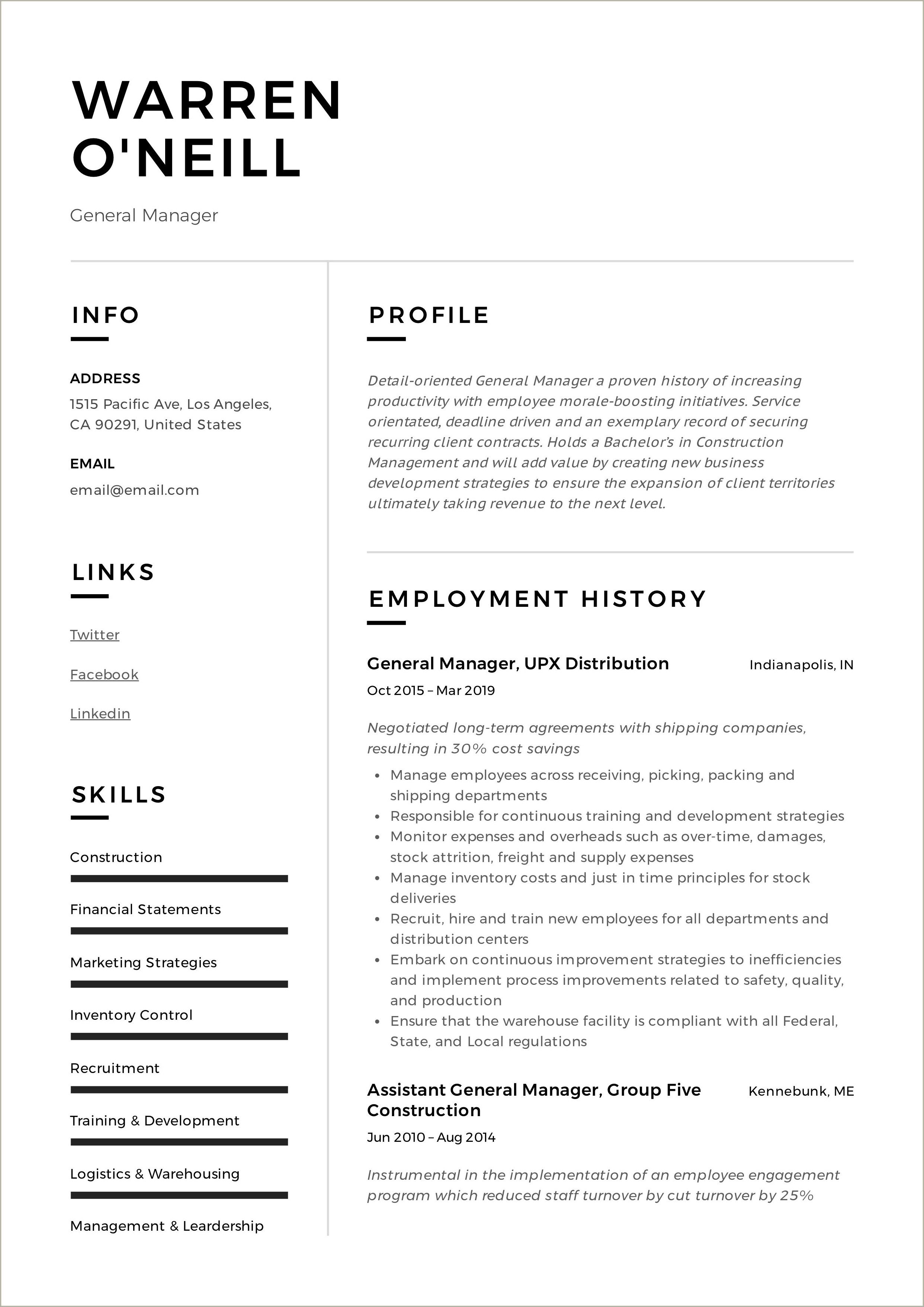 Free Hotel General Manager Resume Examples