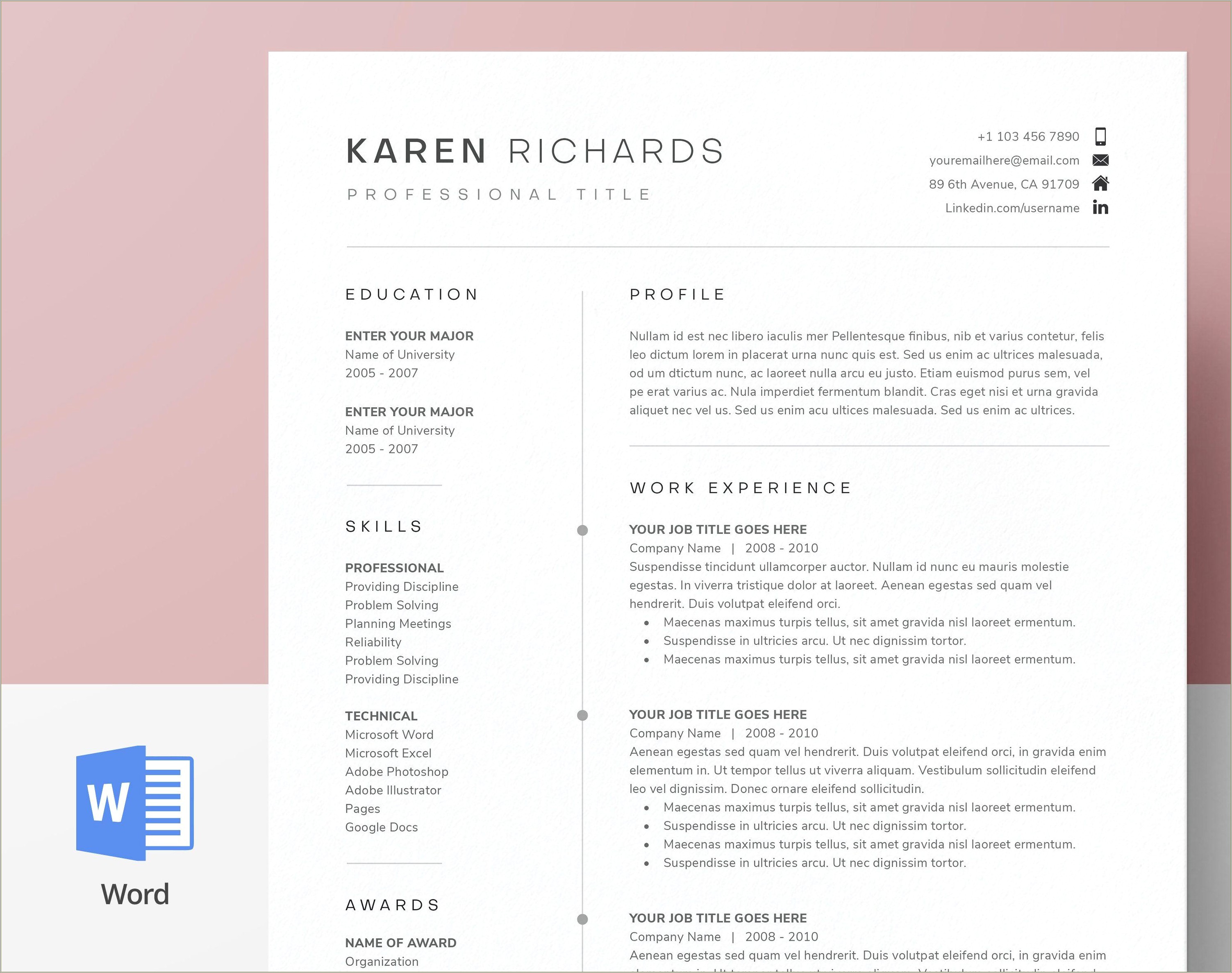 Free One Page Resume Template Ms Word Download