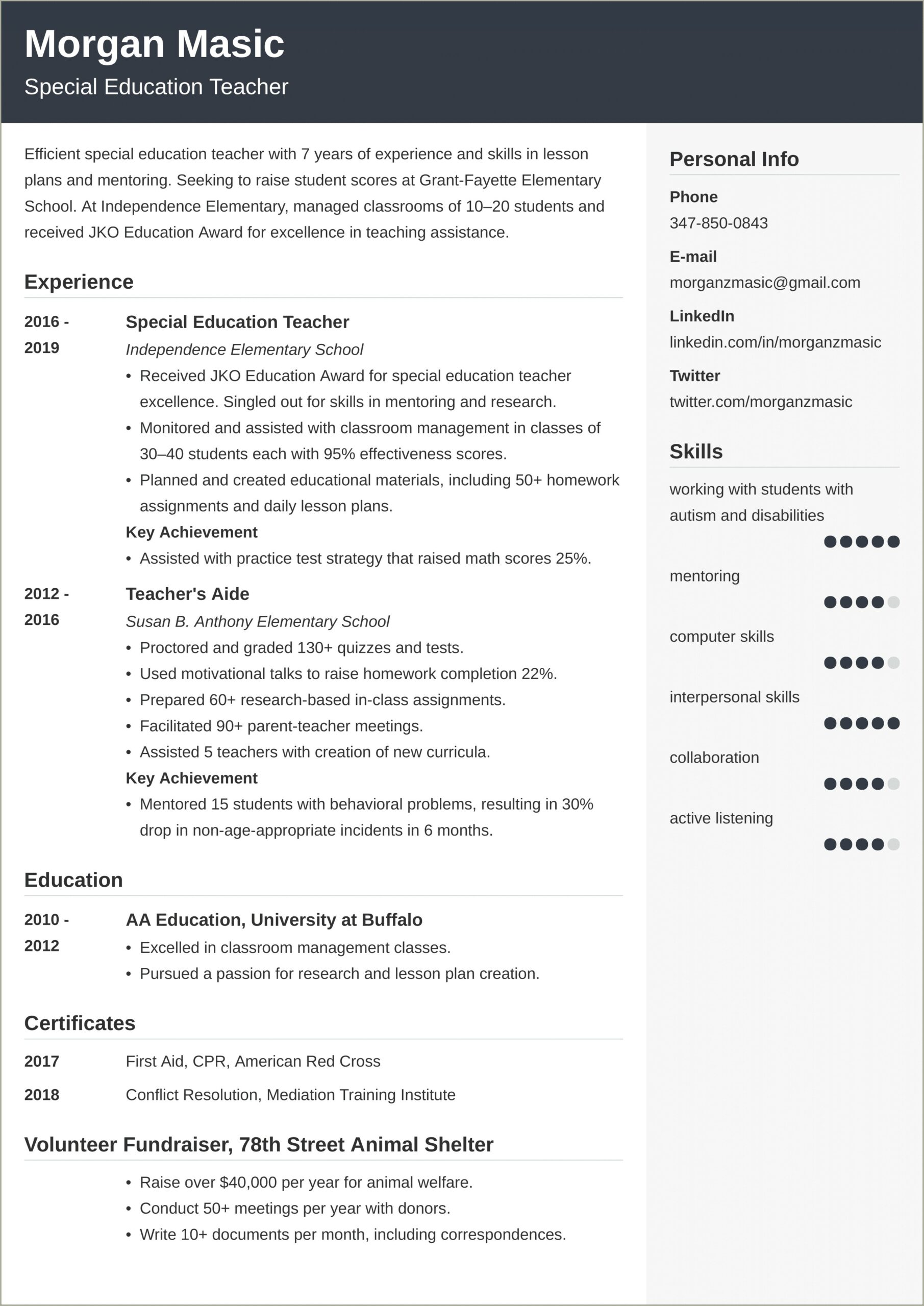 Free One Page Teacher Resume Template