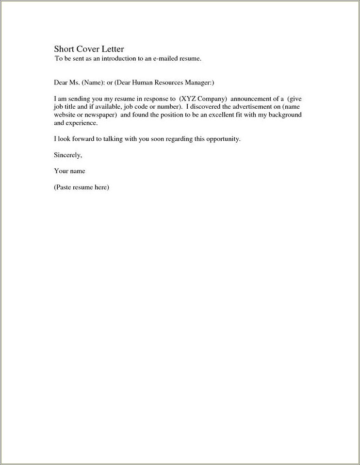 Free Quick Short Cover Letter For Resumes