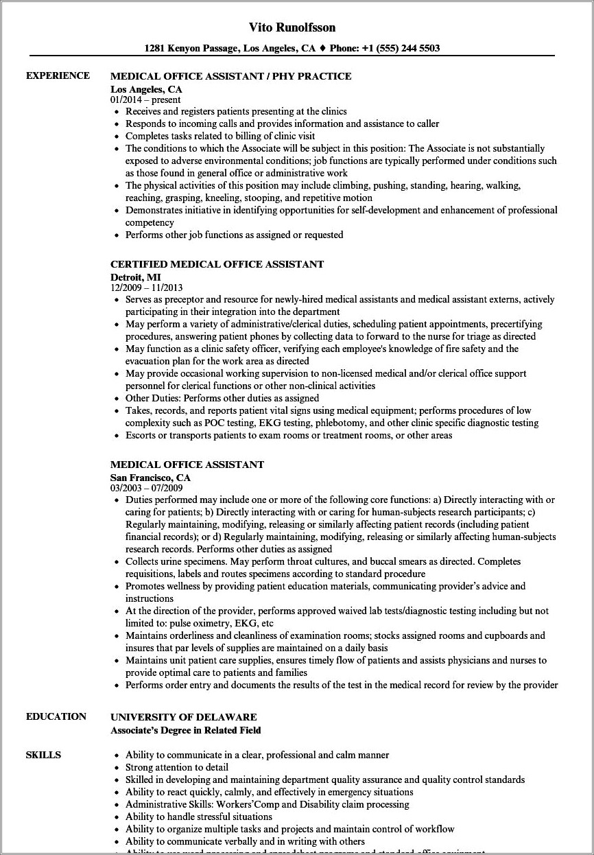 Free Resume Example On Surgery Service Administrative Associate