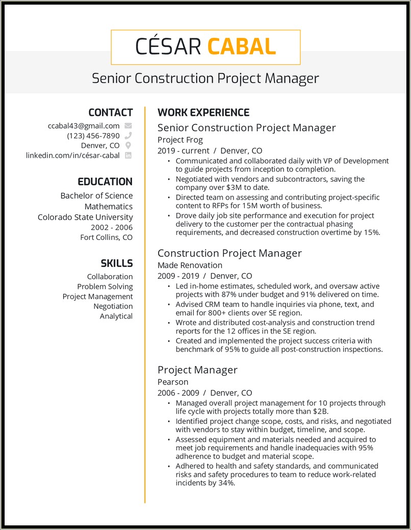 Free Resume For Construction Project Manager