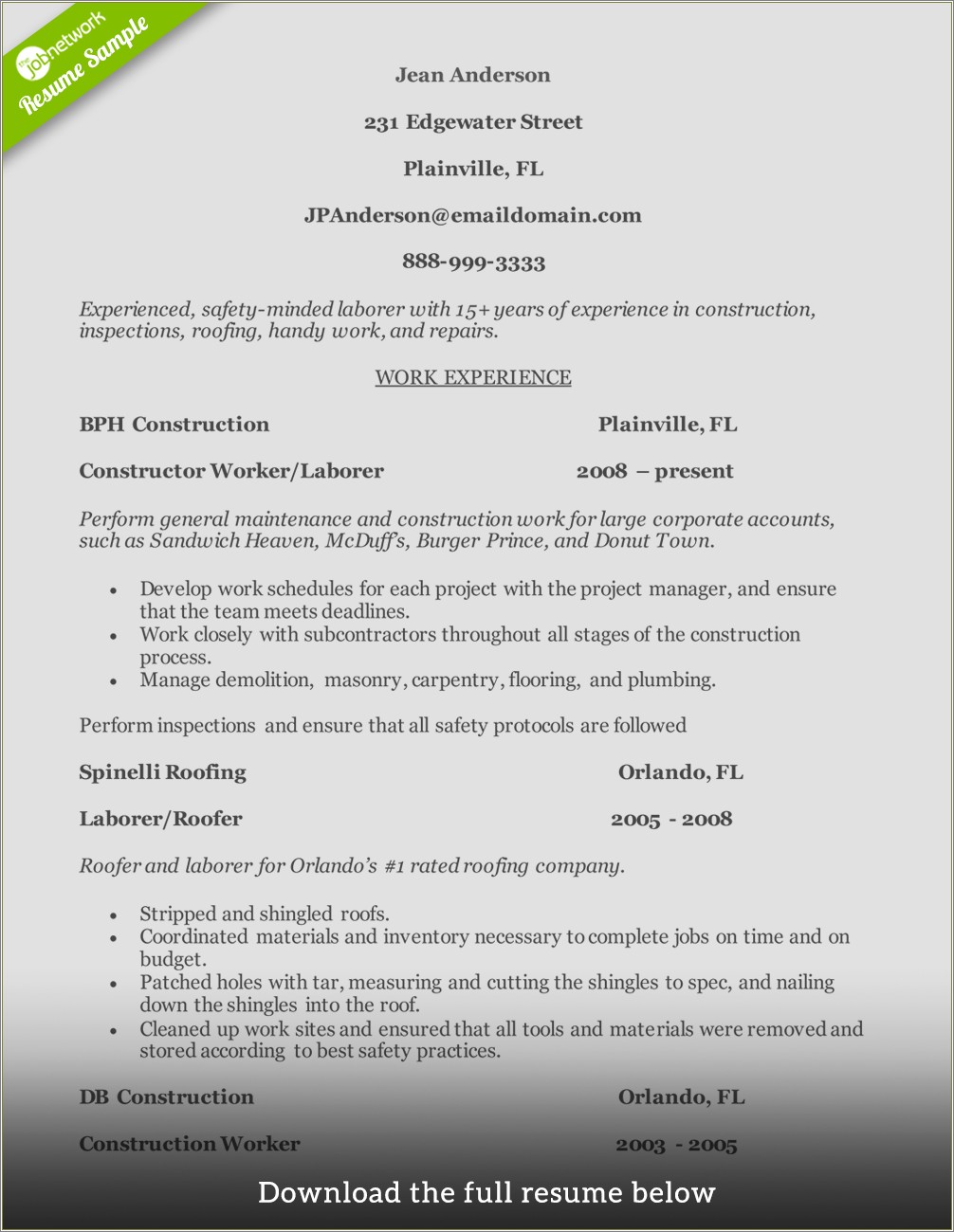 Free Resume For Foreman Construction Job