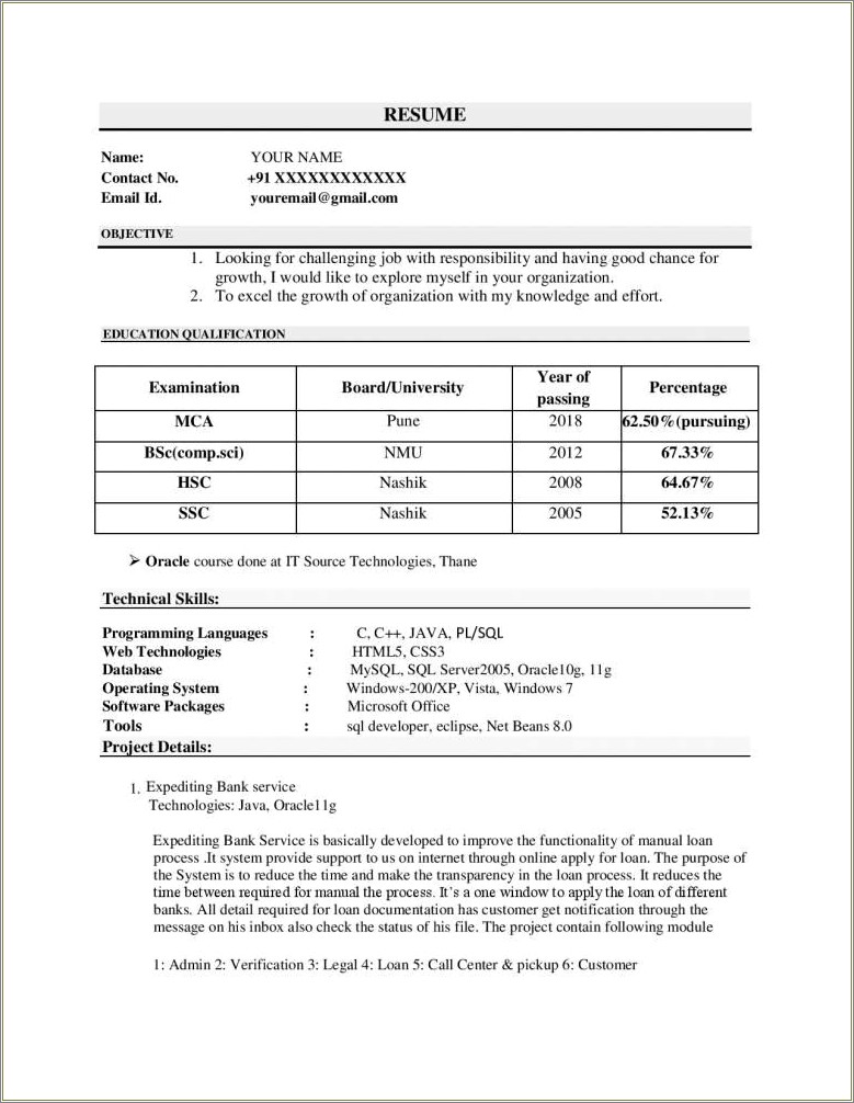 Free Resume Format Download For Mca Freshers