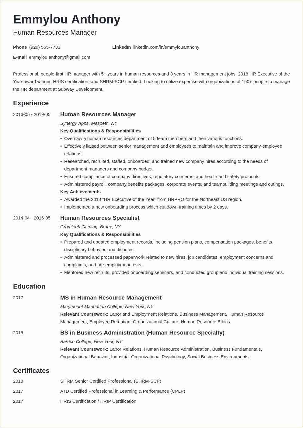 Free Resume Format For Hr Executive