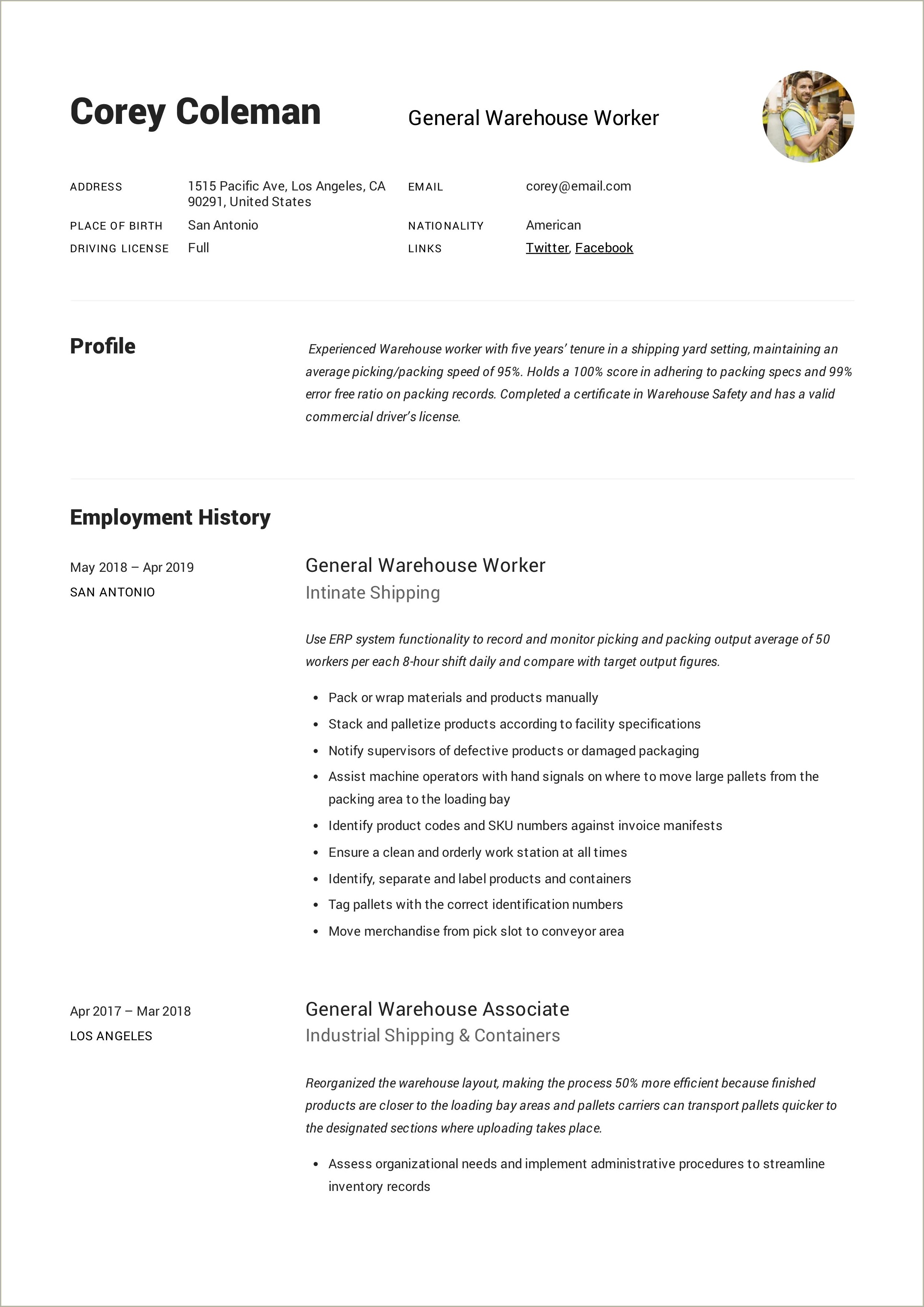 Free Resume Sample For Warehouse Worker