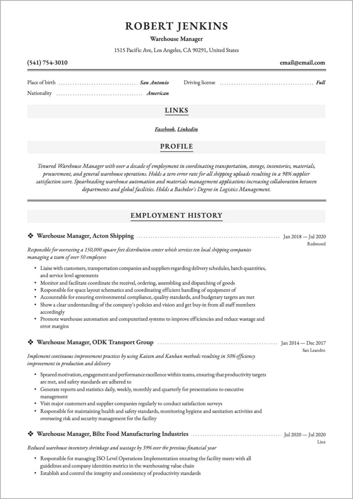 Free Resume Sample In Stock Employees