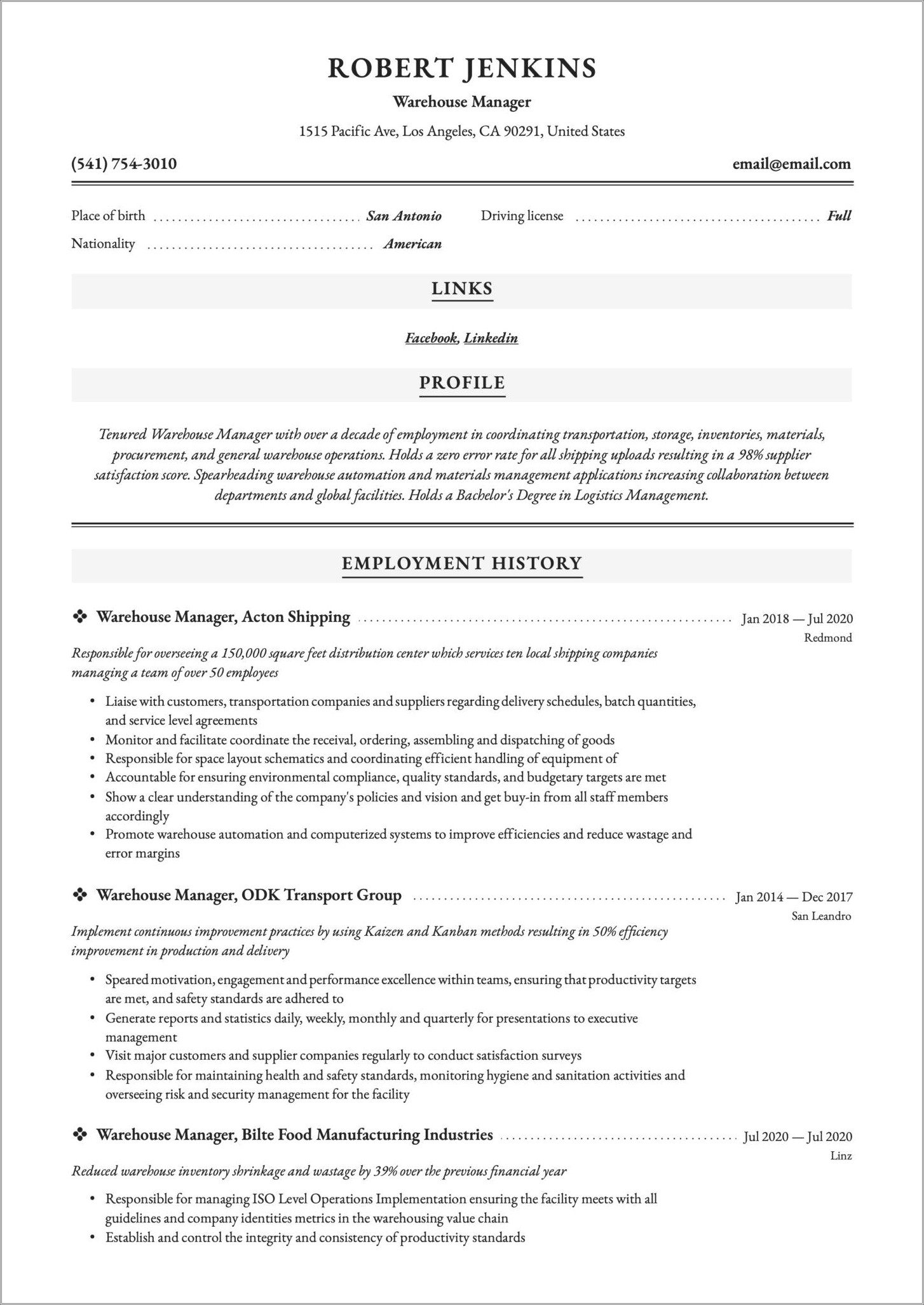 Free Resume Sample In Stock Employees