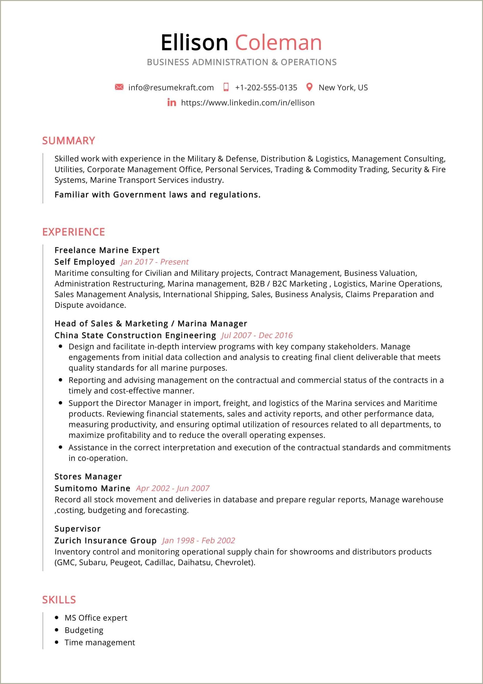 Free Resume Sample In Stok Employes