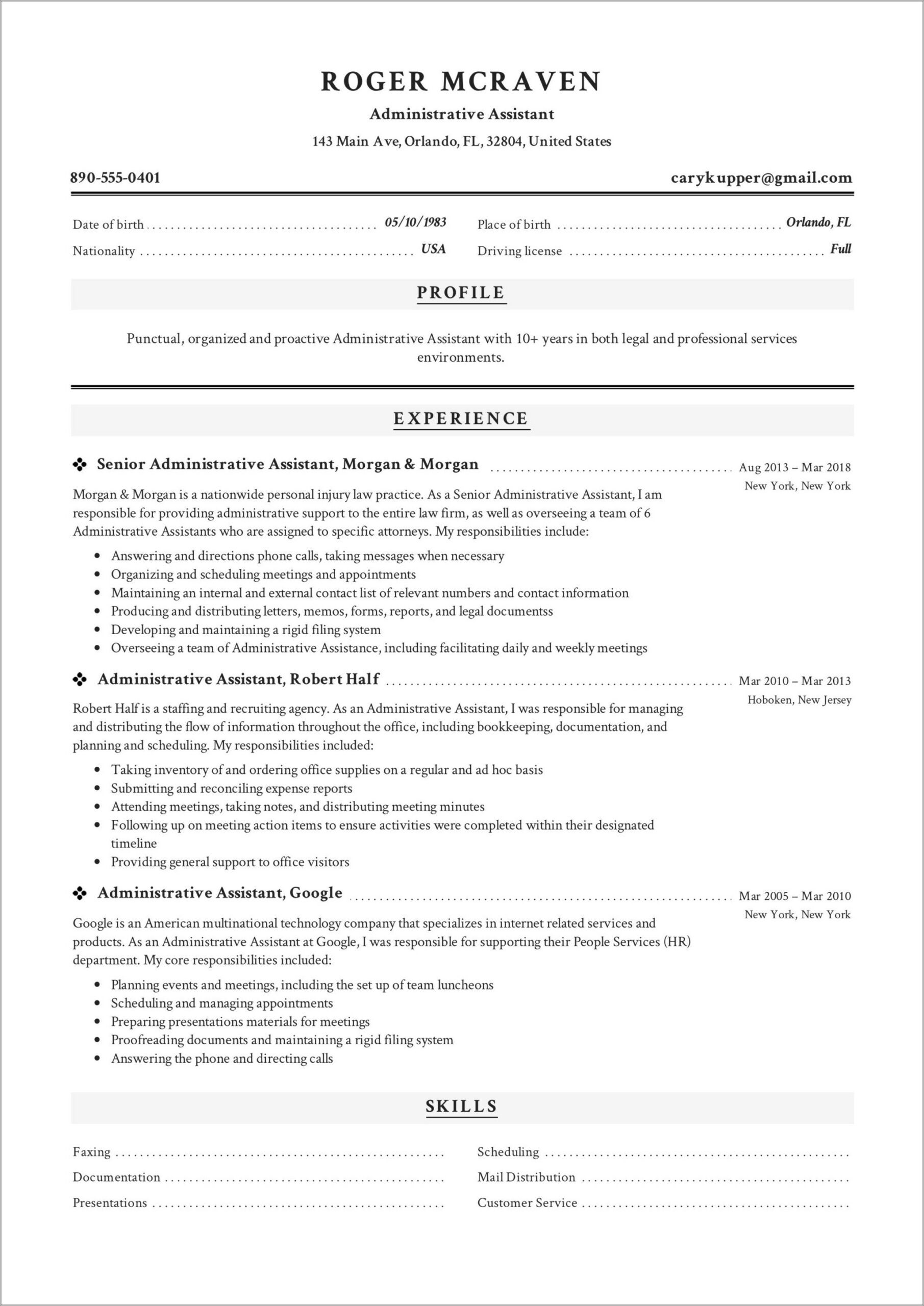 Free Resume Samples For Administrative Support