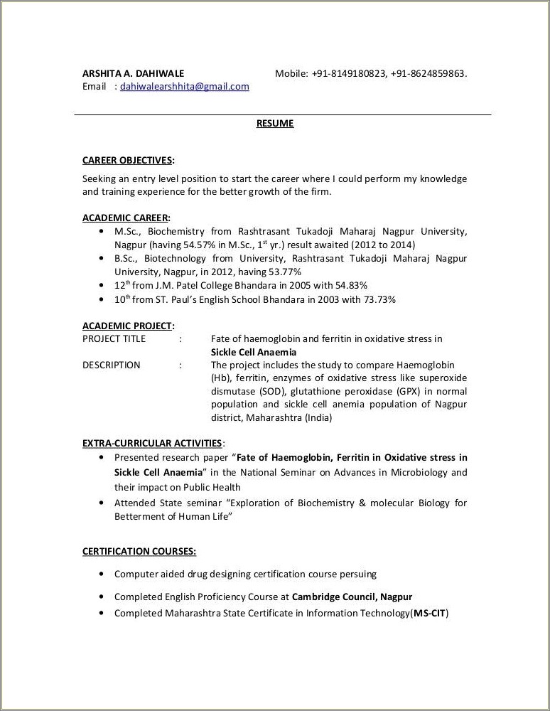 Free Resume Samples For Biotechnology Freshers