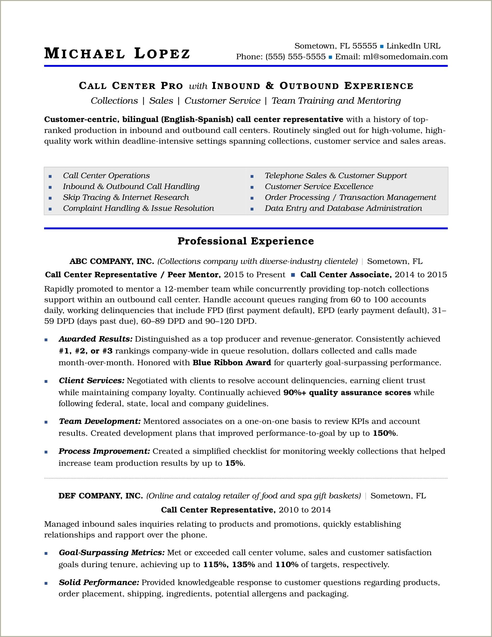 Free Resume Samples For Call Center Agents