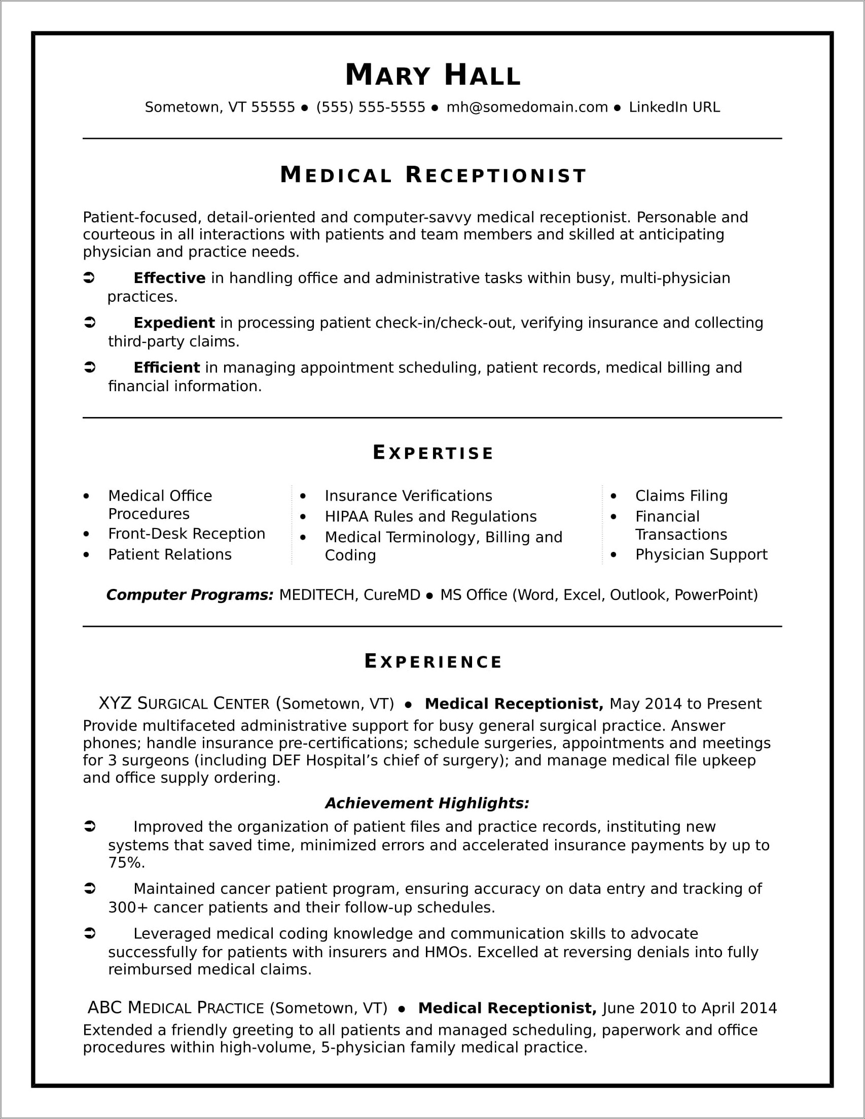 Free Resume Samples For Medical Billing