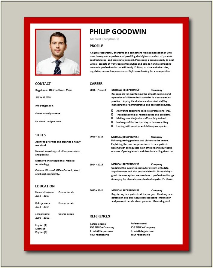 Free Resume Samples For Receptionist Doctors Office
