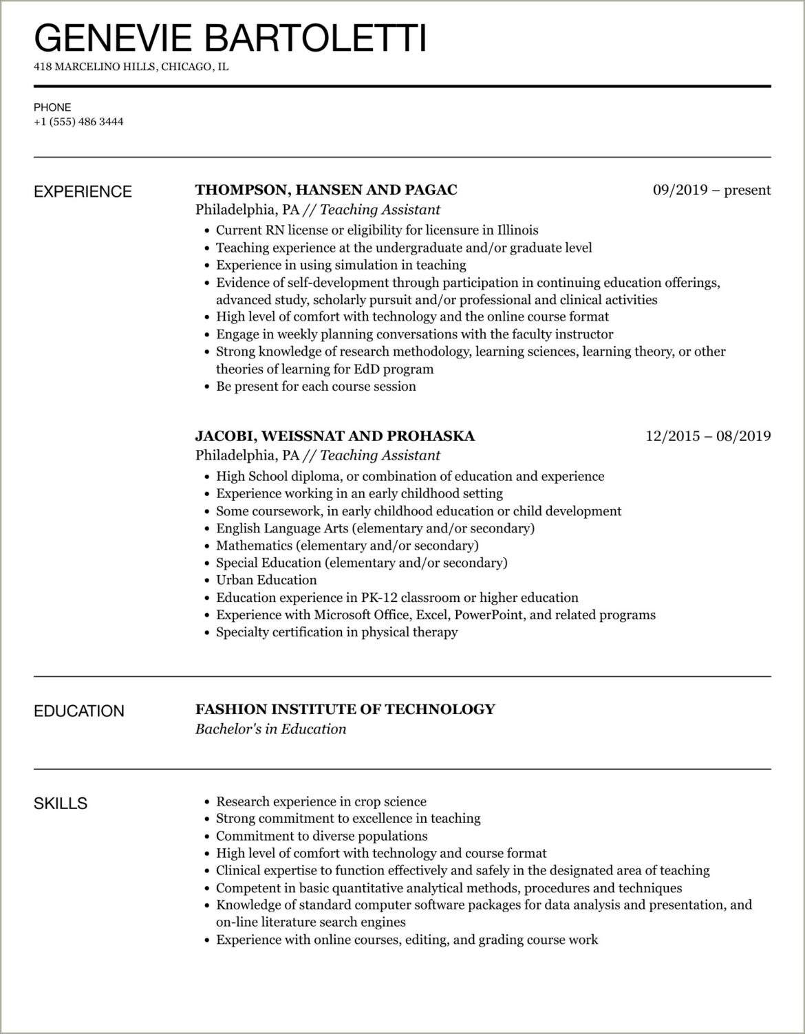 Free Resume Samples For Teacher Assistant