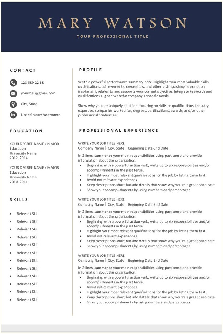 Free Resume Template For Experienced Professional