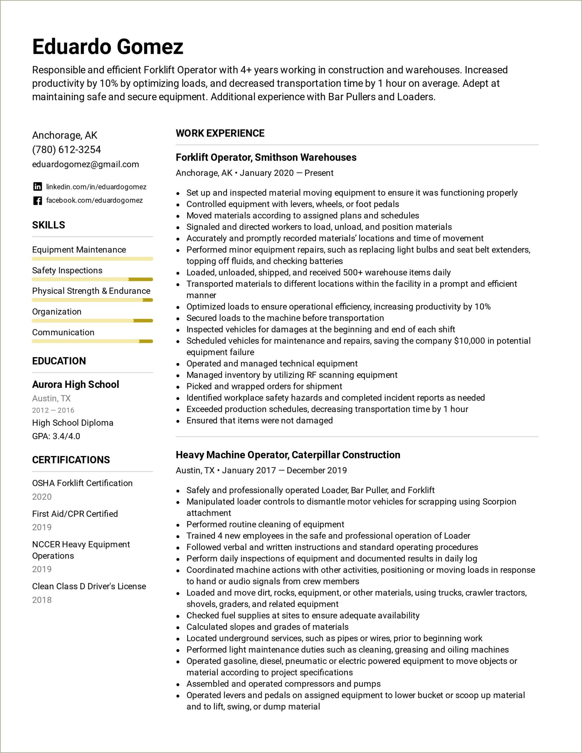 Free Resume Template For Heavy Equipment Operator