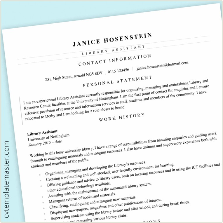 Free Resume Template For Librarian Assistant