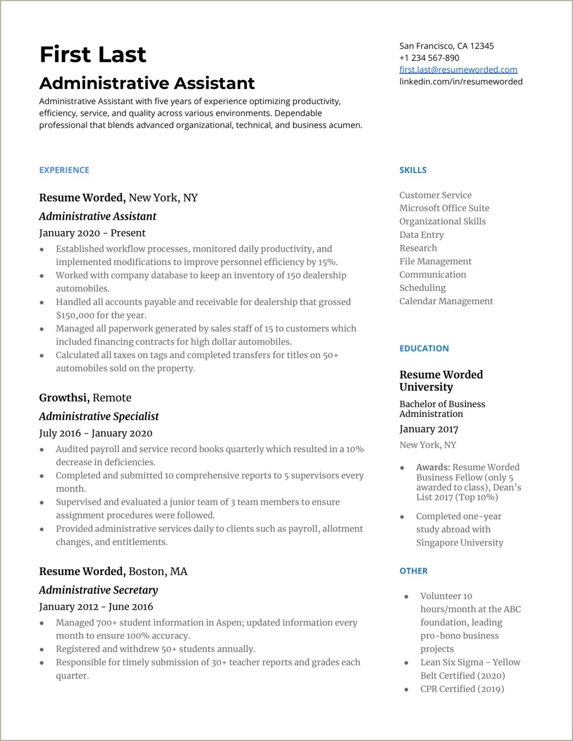 Free Resume Templates For Administrative Positions