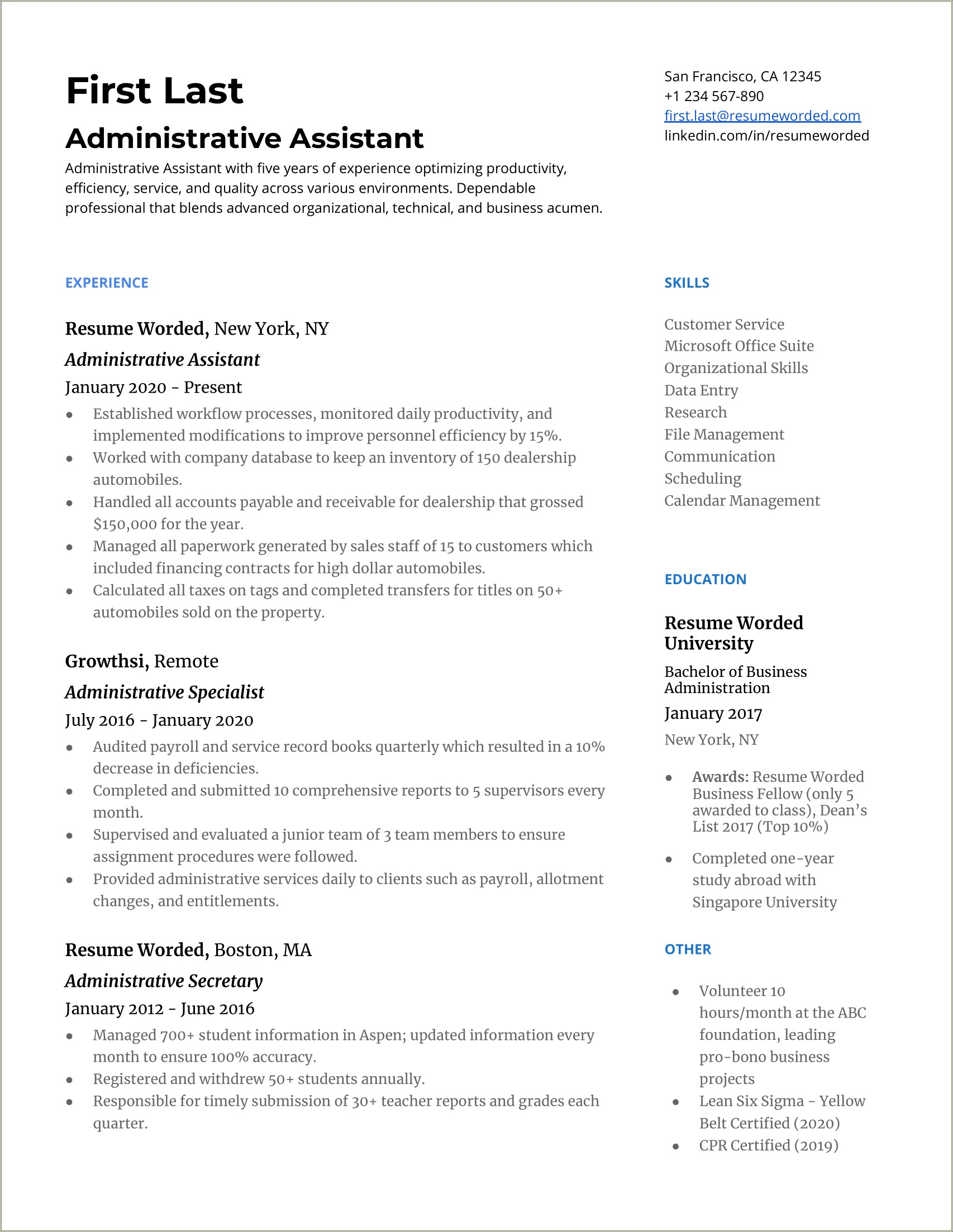 Free Resume Templates For Administrative Positions