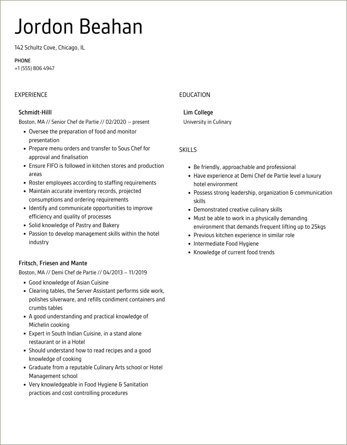 Free Resume Templates For Chef De Parties