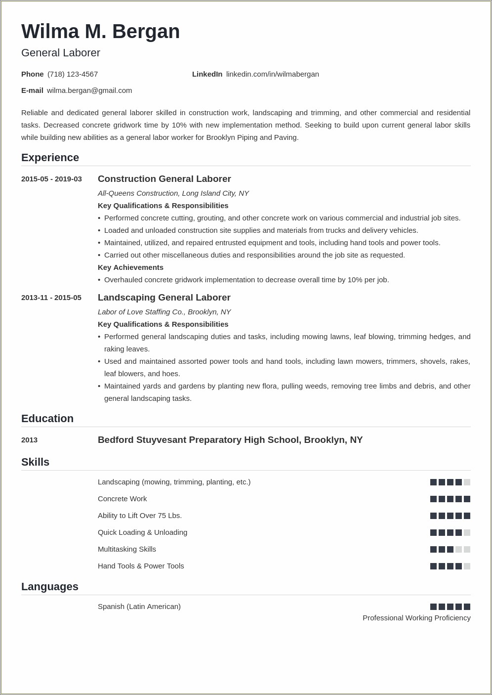 Free Resume Templates For General Labor