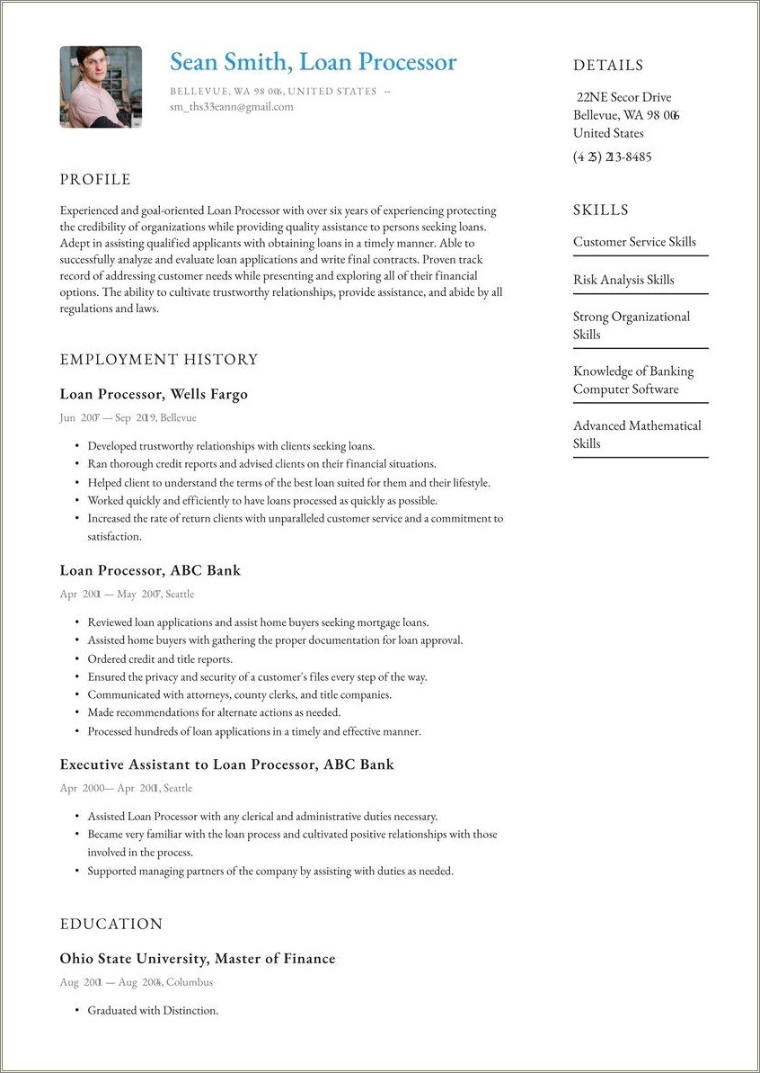 Free Resume Templates For Loan Processors