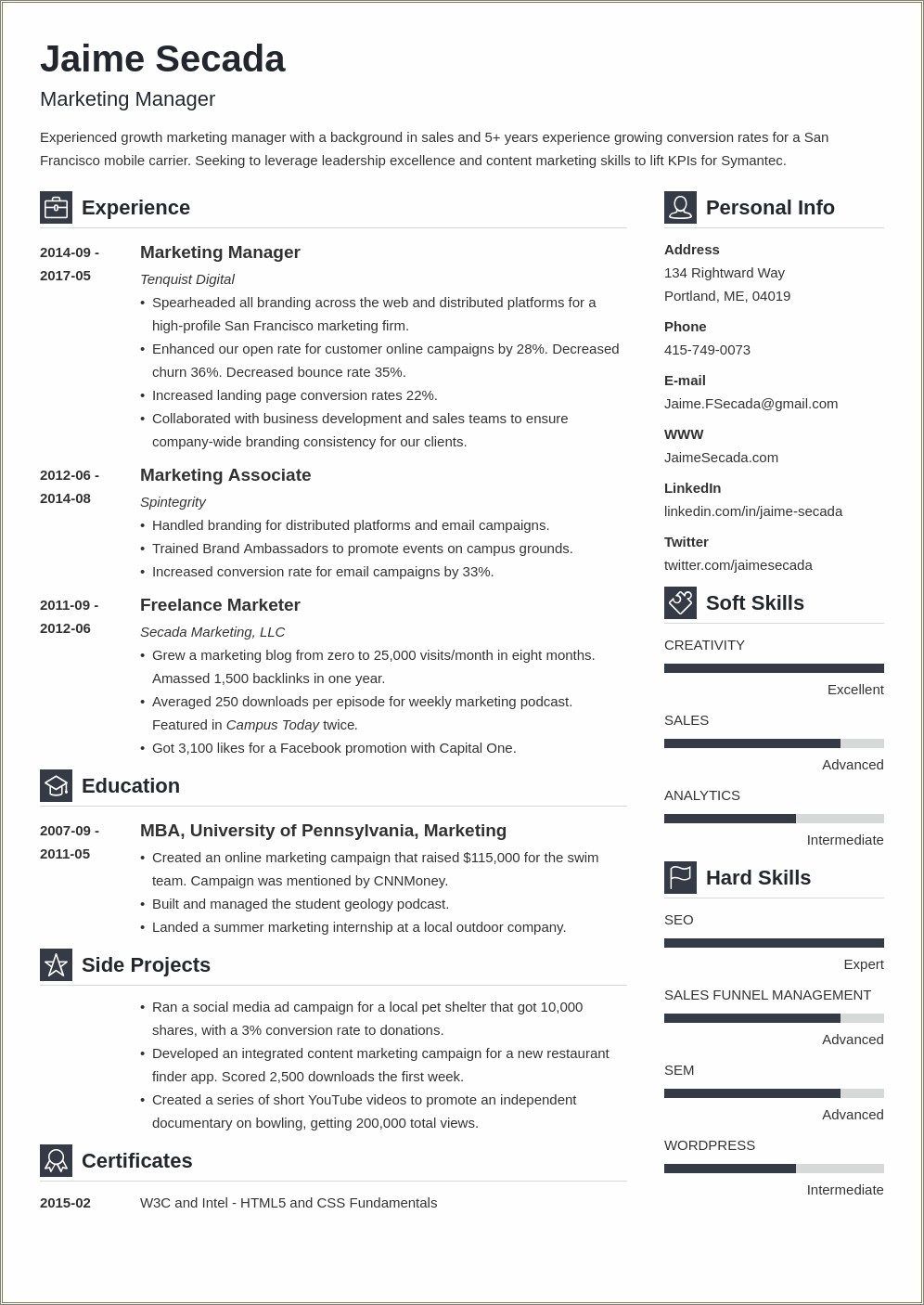Free Resume Templates For Marketing Manager