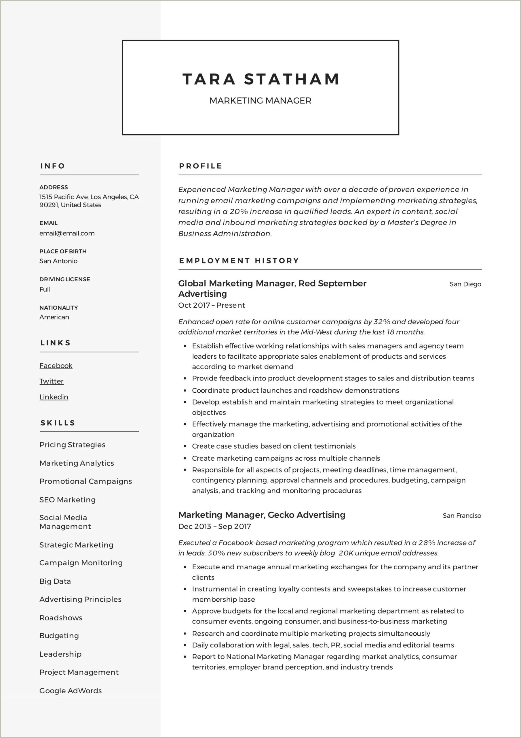 Free Resume Templates For Marketing Positions