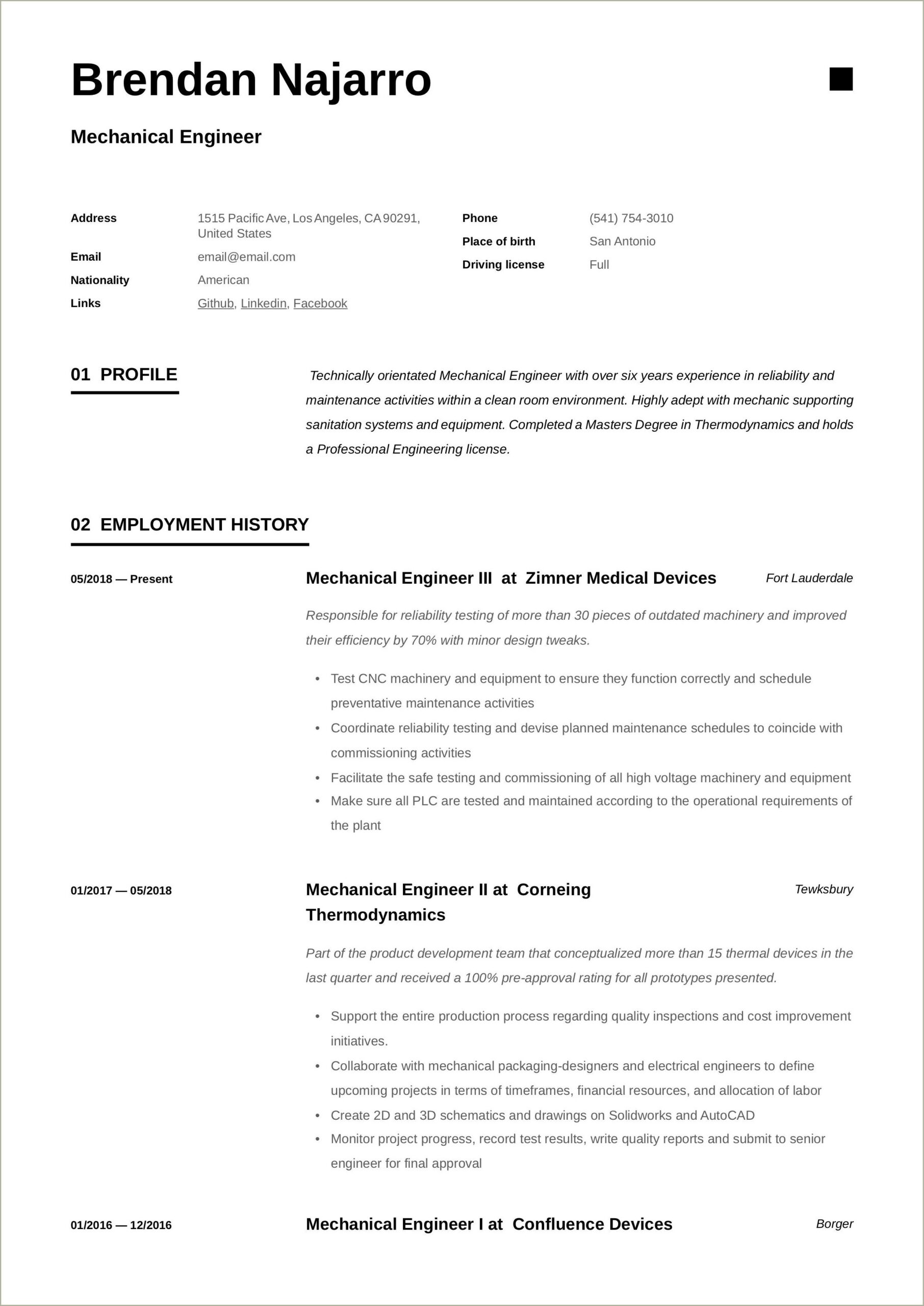 Free Resume Templates For Mechanical Engineer 2019