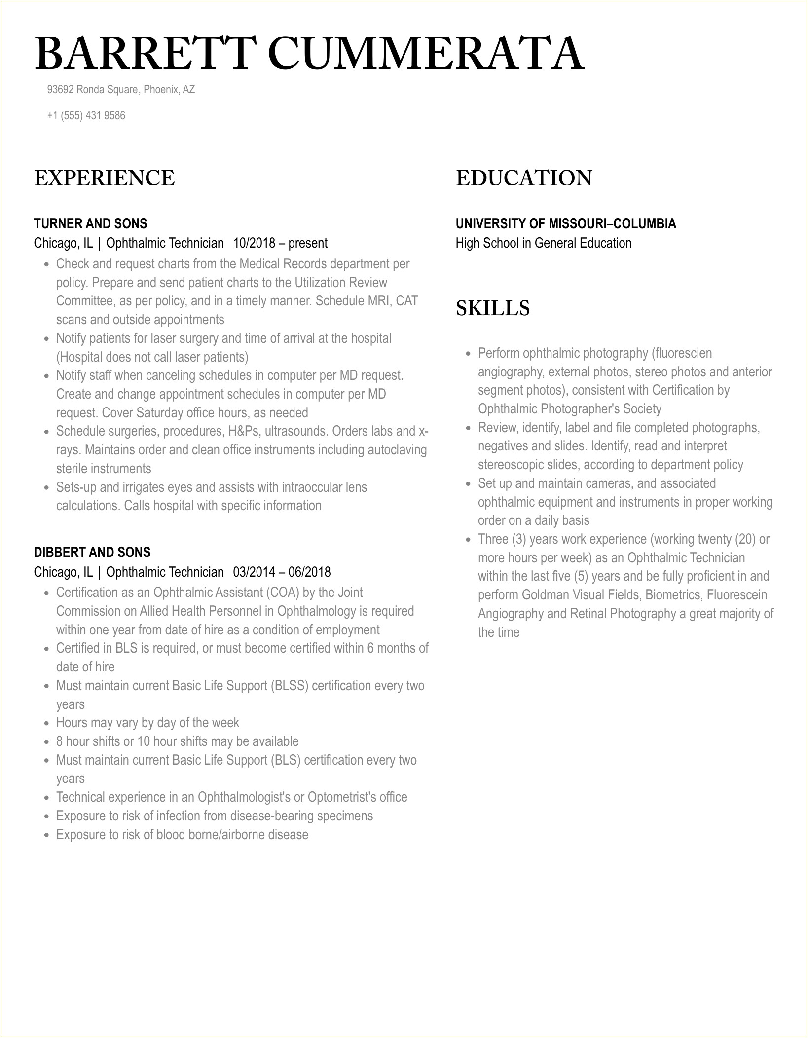 Free Resume Templates For Ophalmic Technicians