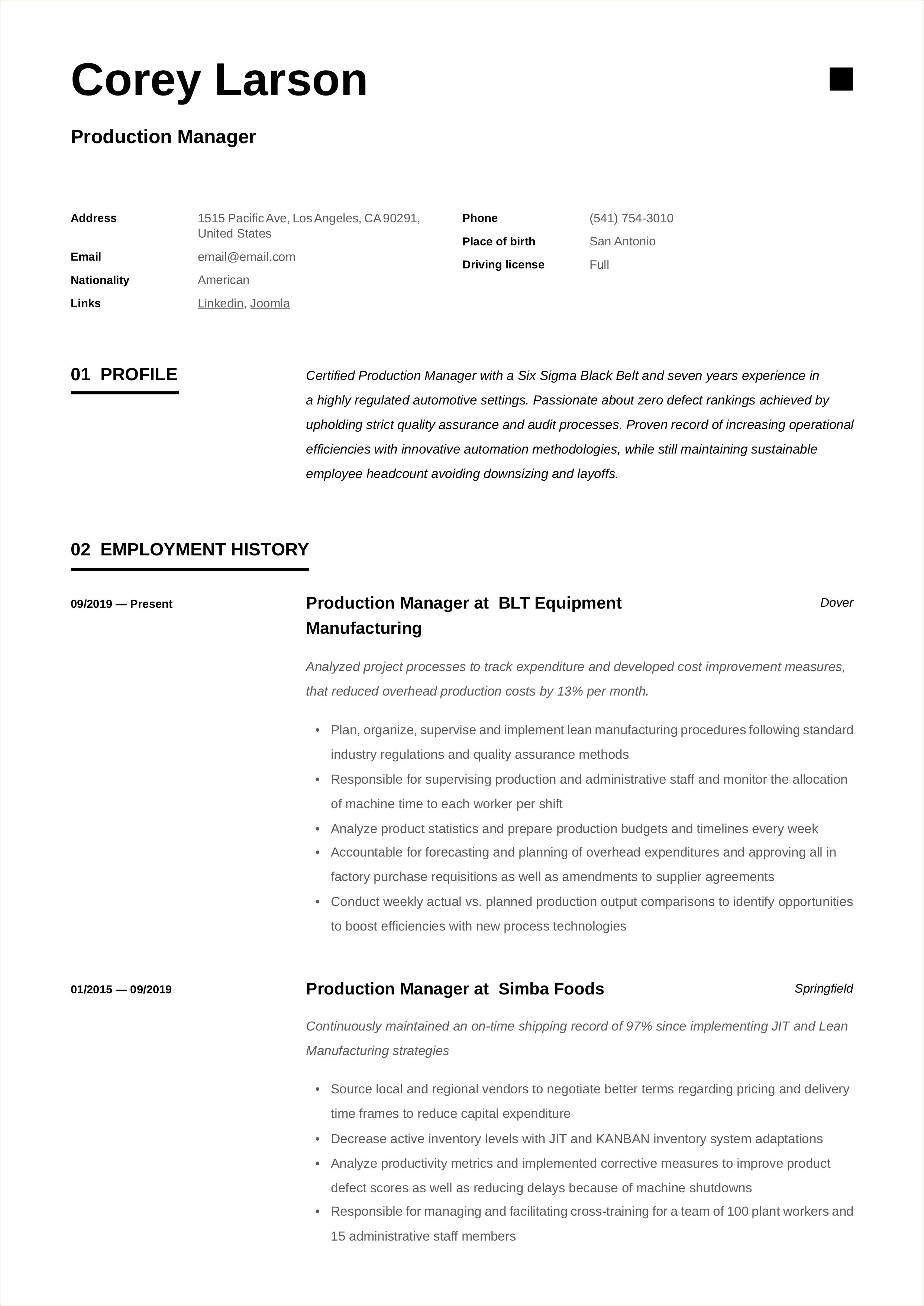 Free Resume Templates For Production Manager