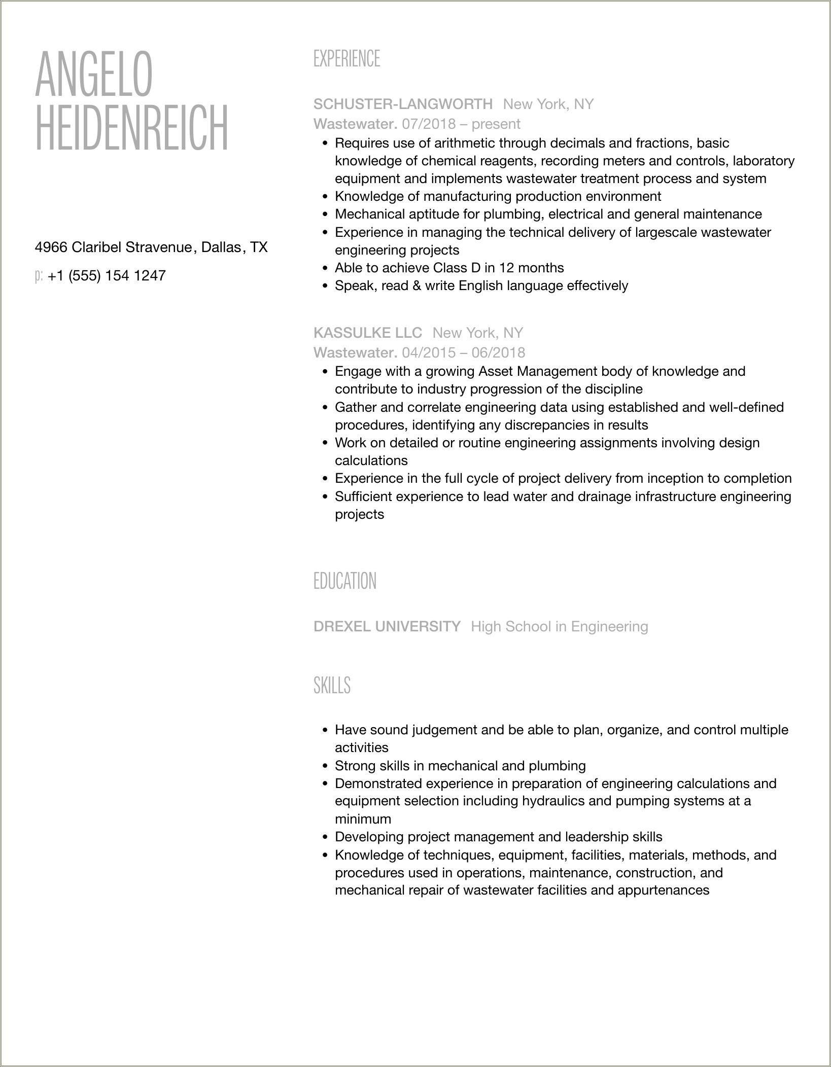Free Resume Templates For Wastewater Recycling Tech