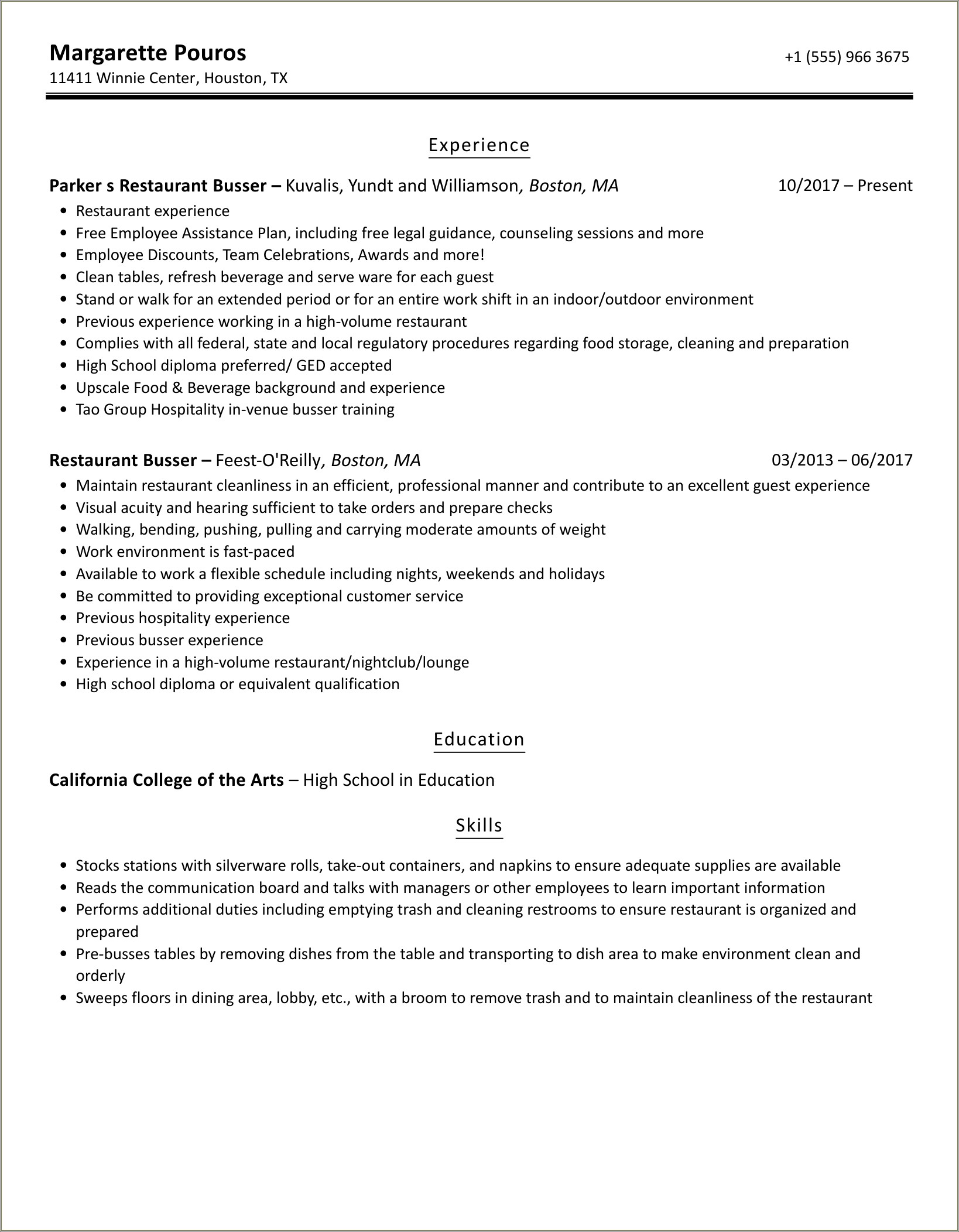 Free Sample Of A Resume Busser