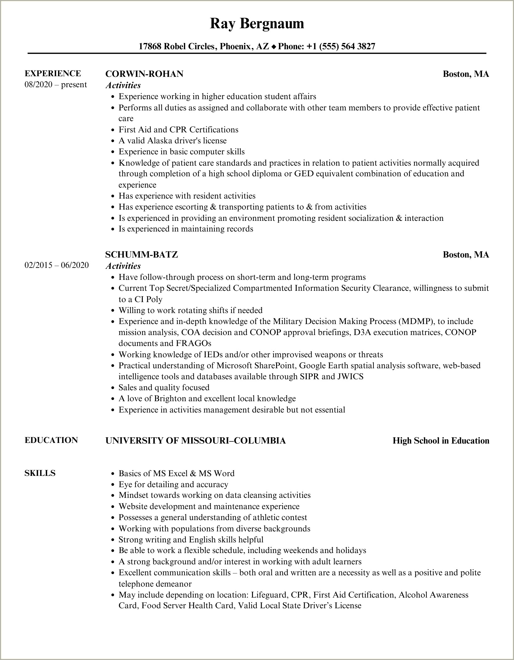 Free Sample Of Activities Tech Worker Resume