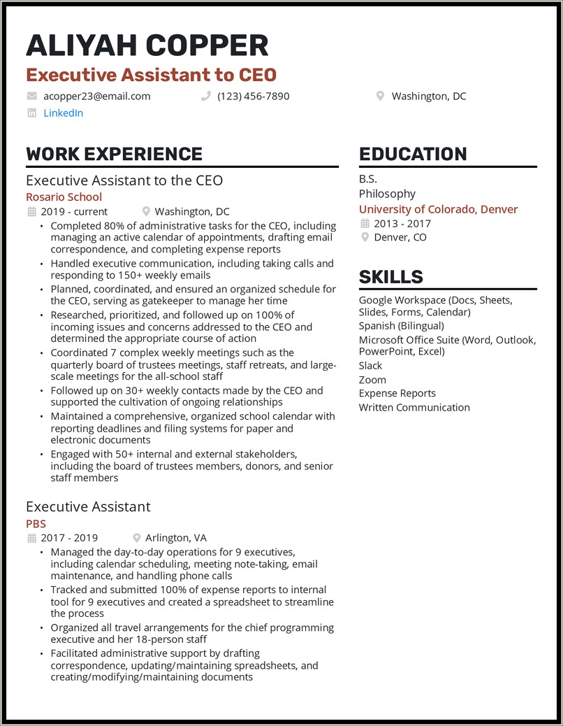 Free Sample Of Executive Assistant Resume