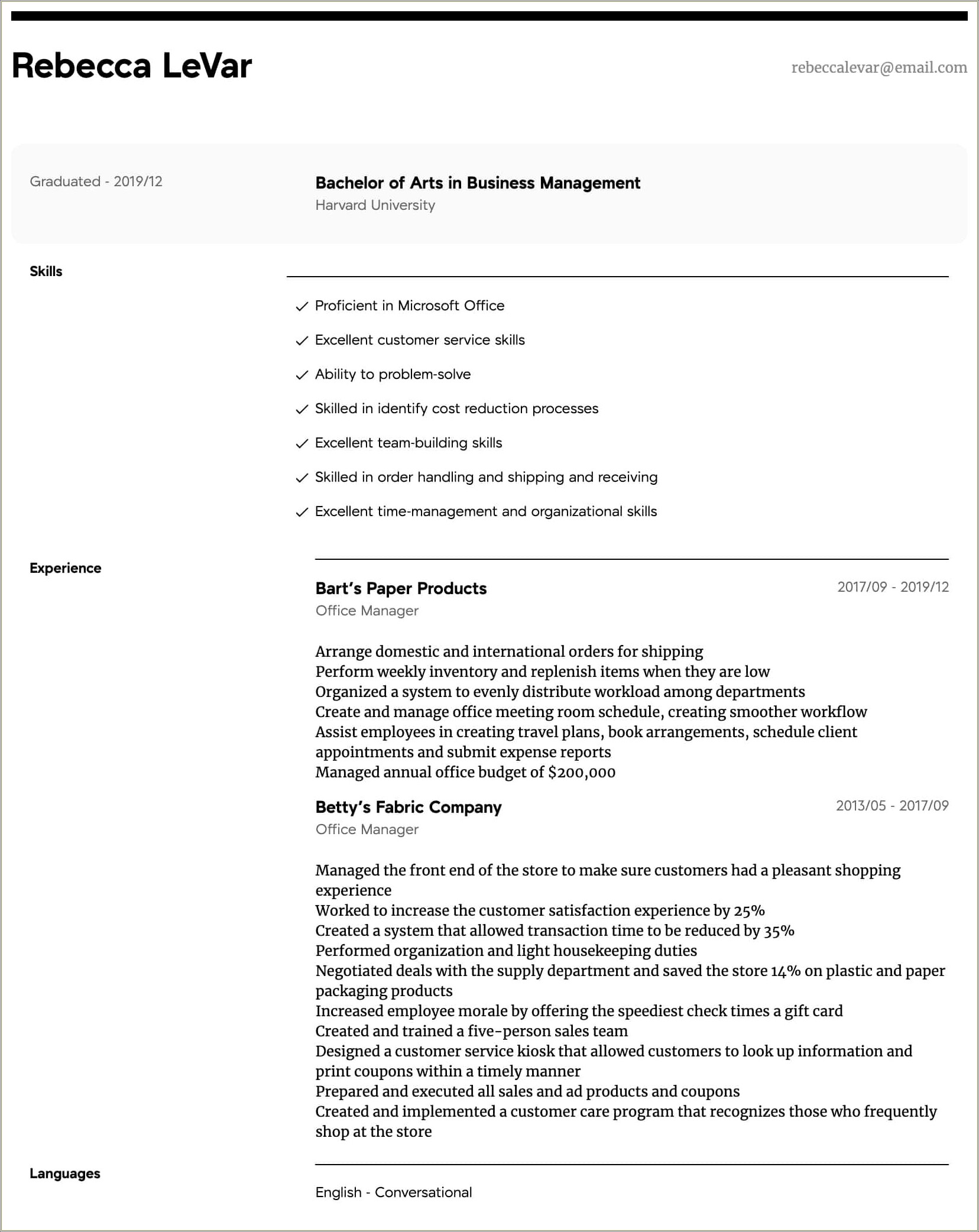 Free Sample Of Office Manager Resume