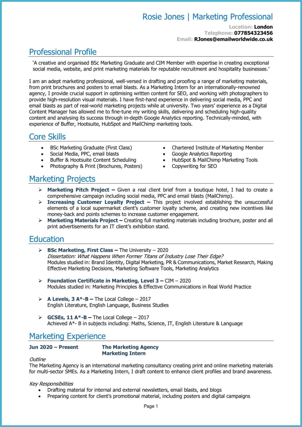 Free Sample Of Resume Of A Marketing Graduate