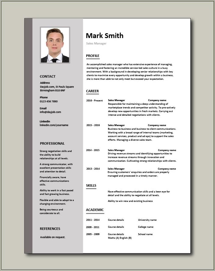 Free Sample Of Sales Manager Resume