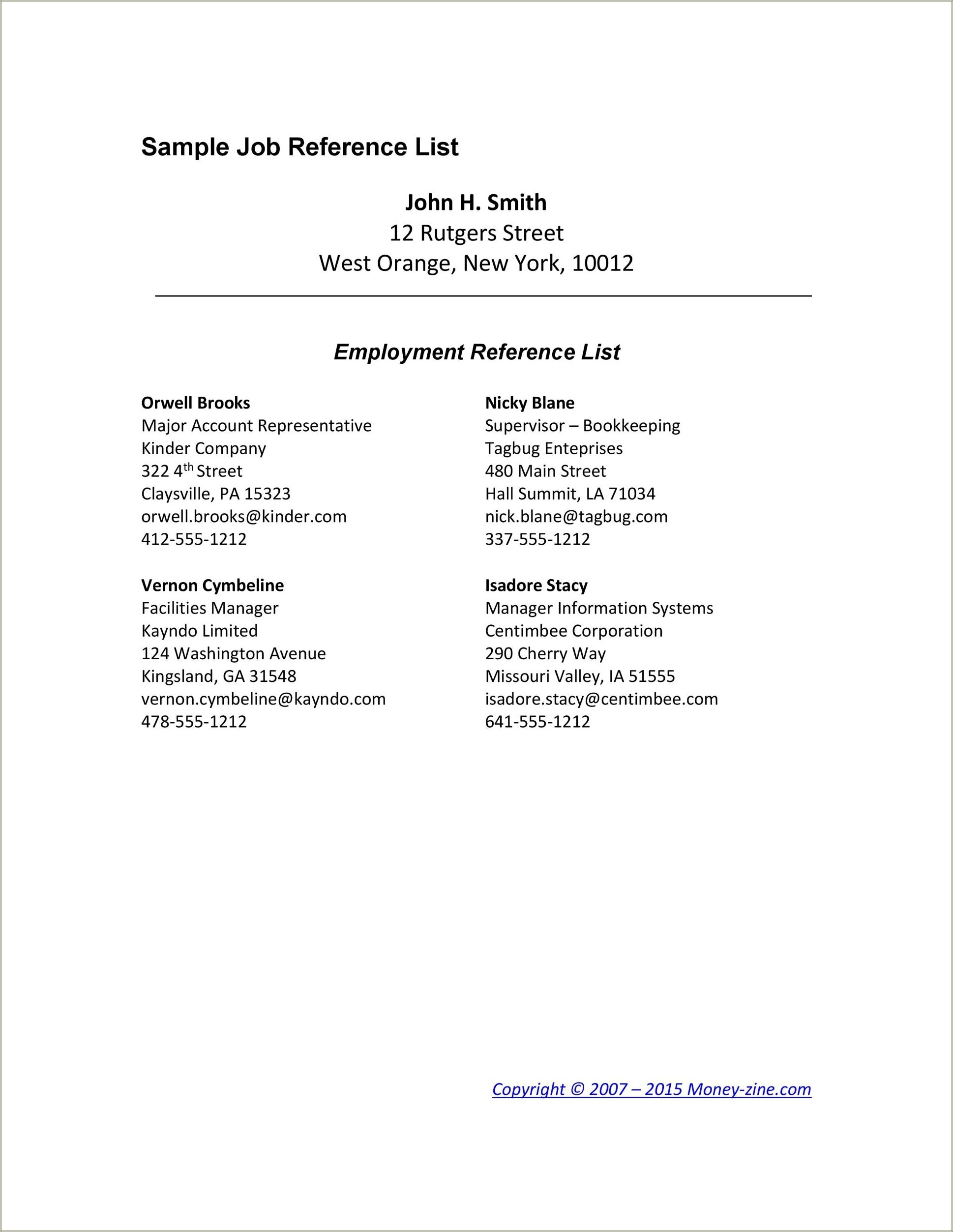 Free Sample Reference Page For Resume