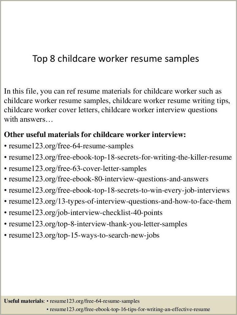 Free Sample Resume Child Care Worker