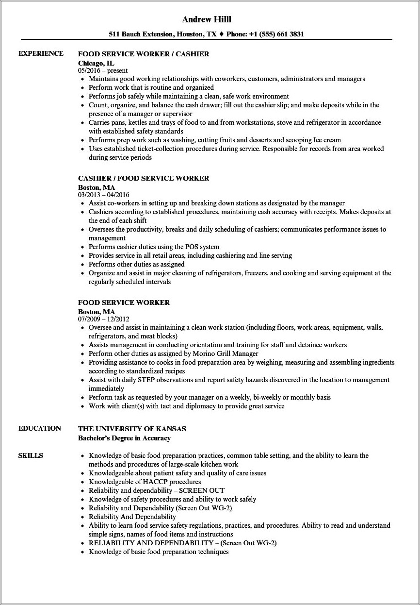 Free Sample Resume Food Service Worker