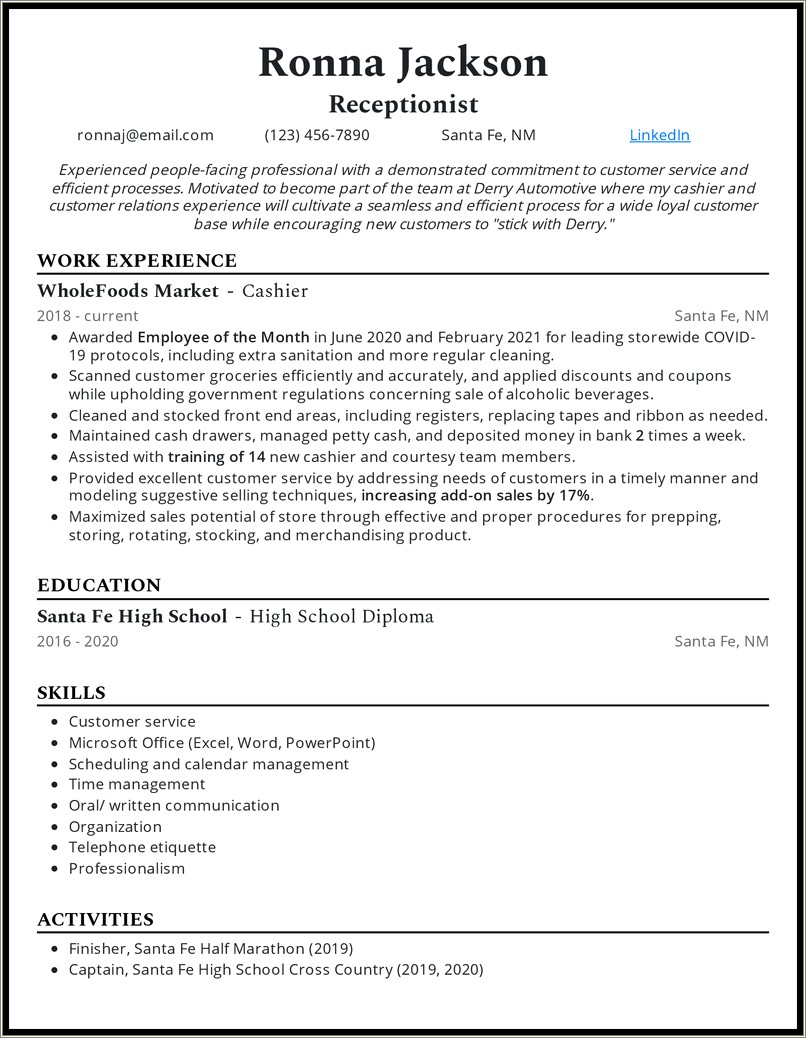 Free Sample Resume For A Receptionist