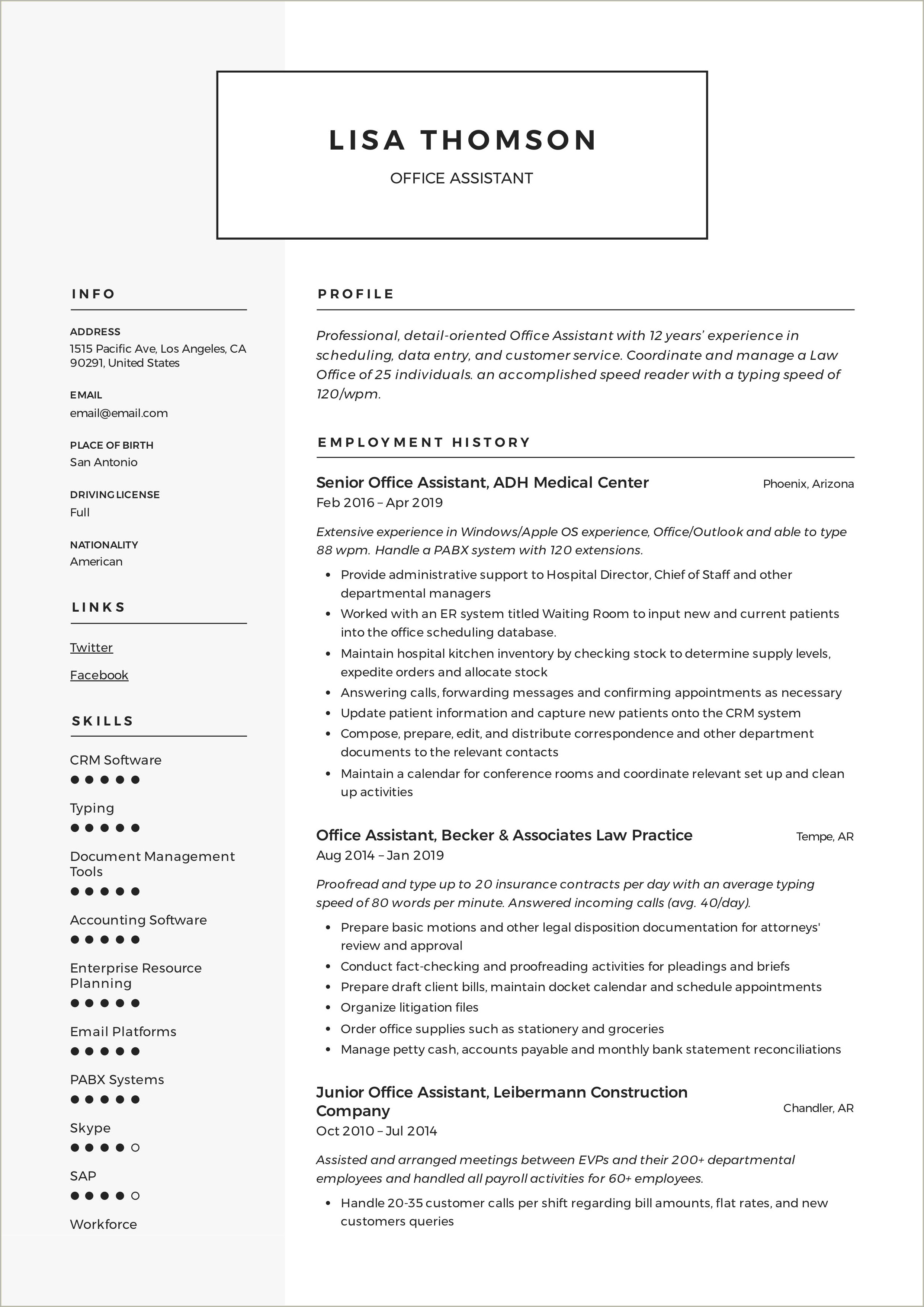 Free Sample Resume For An Office Assistatn